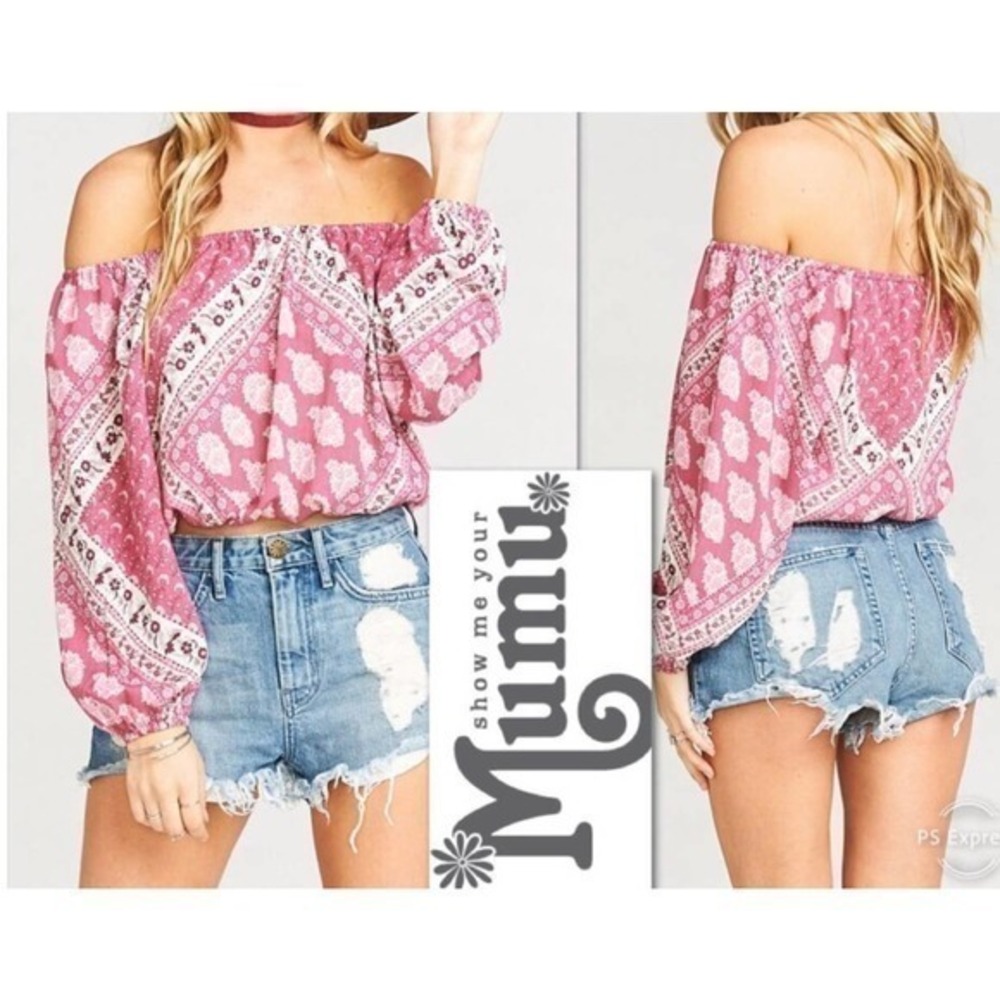 Show me your mumu Lima scrunch crop top pink / red off the shoulder size small